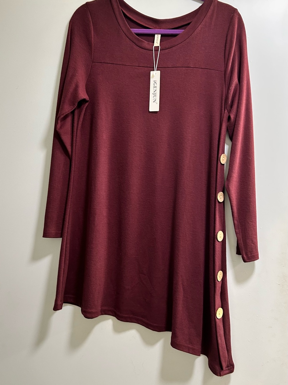 Igengun Burgundy Long-Sleeve Dress with Side Button Detail
